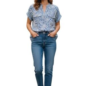 Cure Blouse Womens Petite M Blue & White Floral  Paisley Button Front Short
